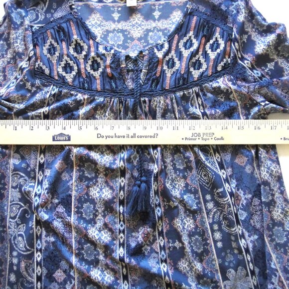Style & Co Peasant Top  PM 3/4 Sleeve Tassel Tie Blue Coral Shirt Boho Blouse - Picture 3 of 9